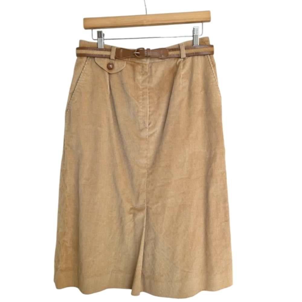 Vintage 70's The Villager Preppie Corduroy Skirt Belt Pockets Tan Zip Size 16
